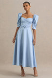 Rosey Powder Blue Satin Sweetheart Midi Dress