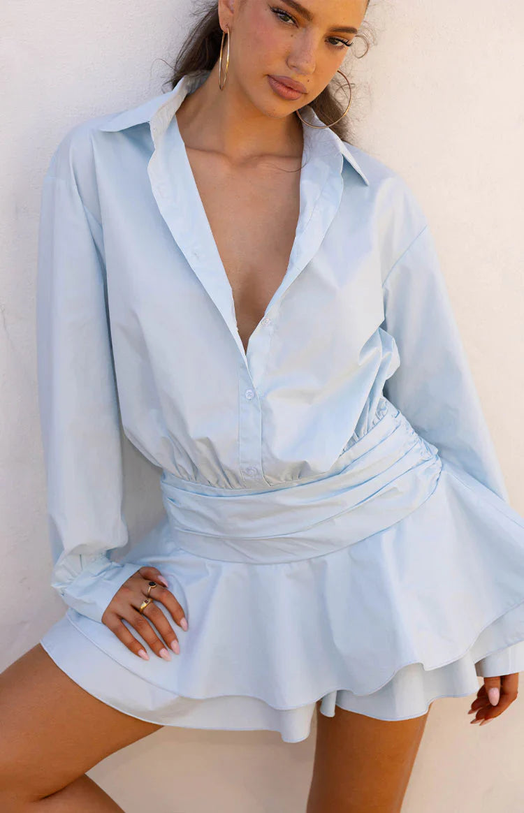 Nicolaini Light Blue Long Sleeve Mini Shirt Dress