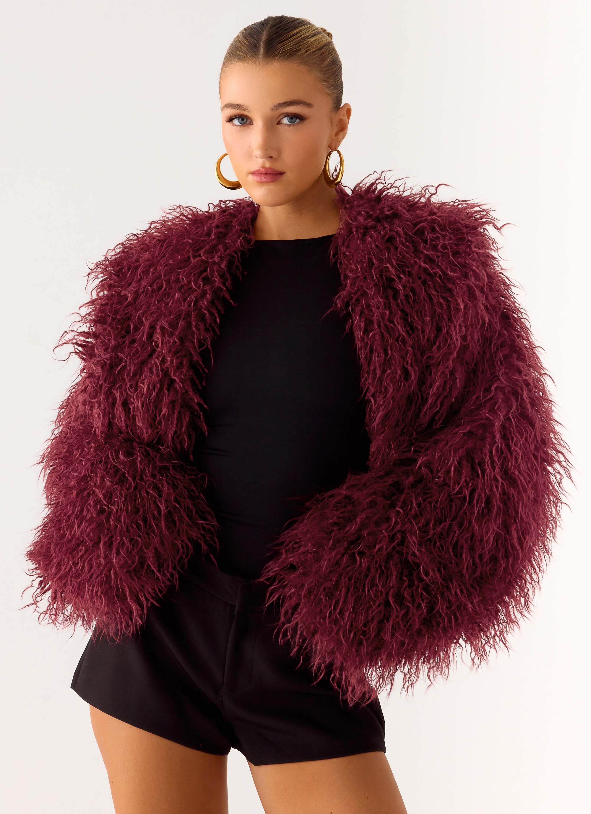 Virginia Cropped Faux Fur Jacket Maroon