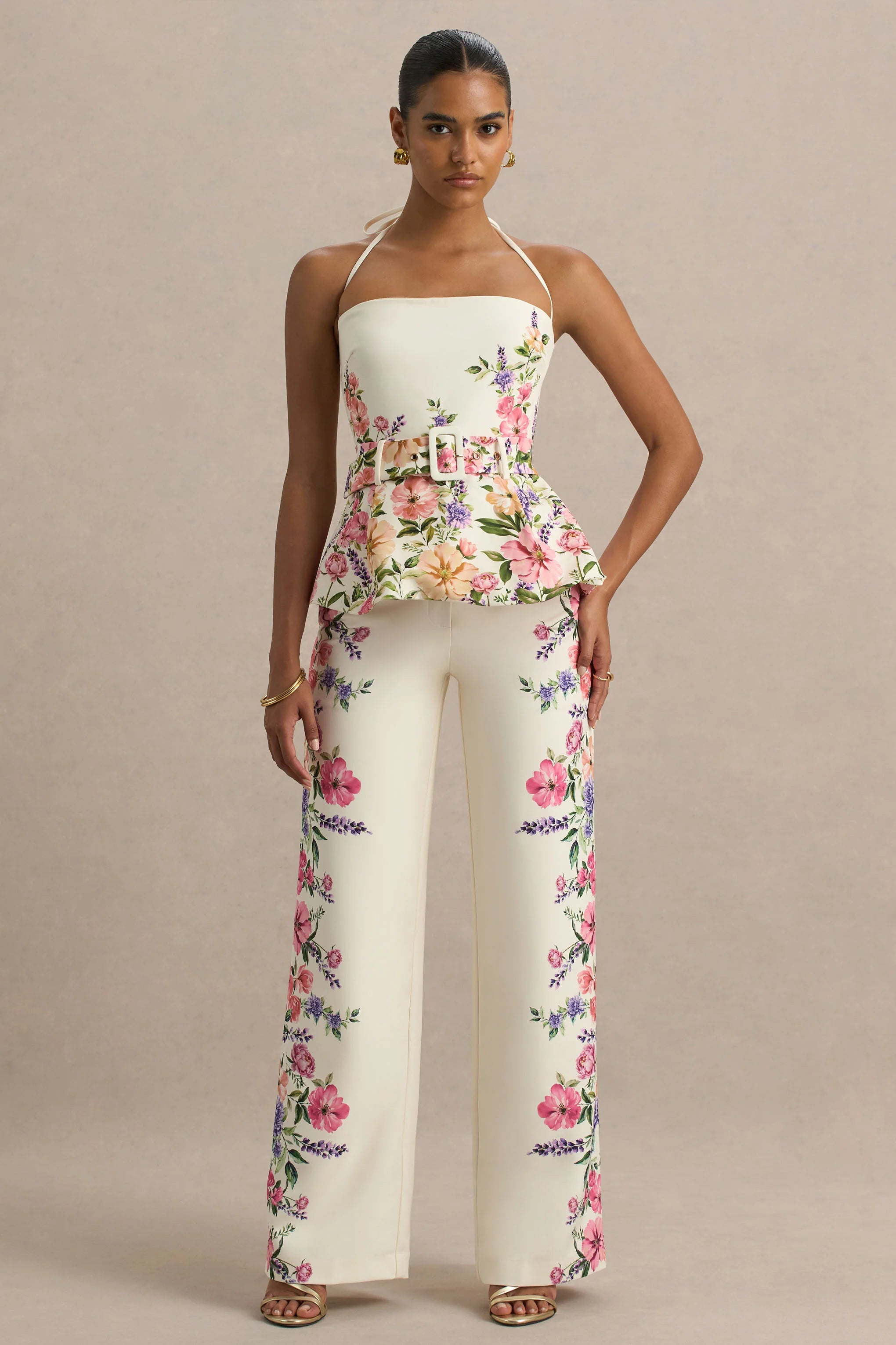 Solana White Floral Border Print Wide Leg Trousers