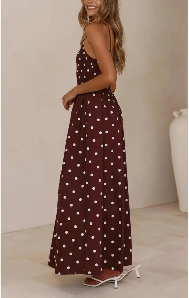 Women Polka Dot Maxi Dress Smocked Spaghetti Strap Flowy Sundress Summer Beach Vacation