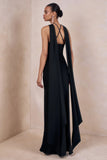 Sloane Black Matte Satin Halter Neck Maxi Dress With Cape