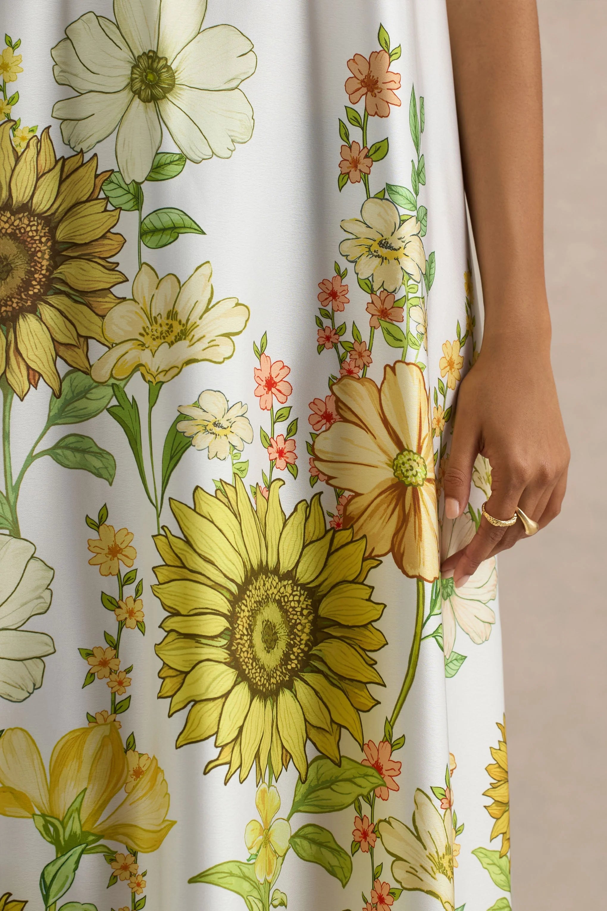 Glide Sunflower Print Satin High Neck Slip Maxi Dress