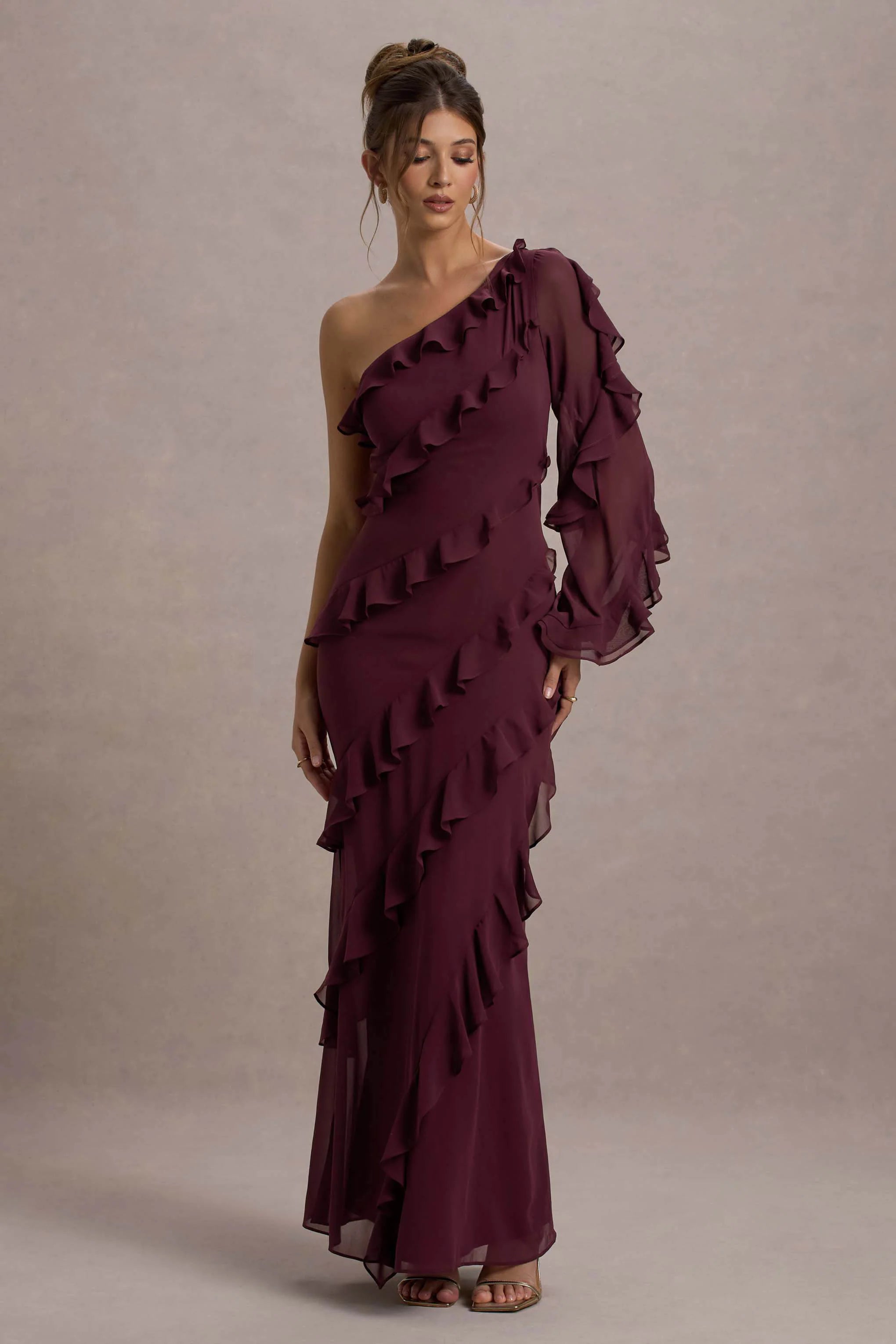 Lalika Burgundy Asymmetric One Sleeve Ruffle Maxi Dress