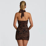 Women Deep V Neck Ruched Mini Dresses Backless Halter Dress Party Club Night