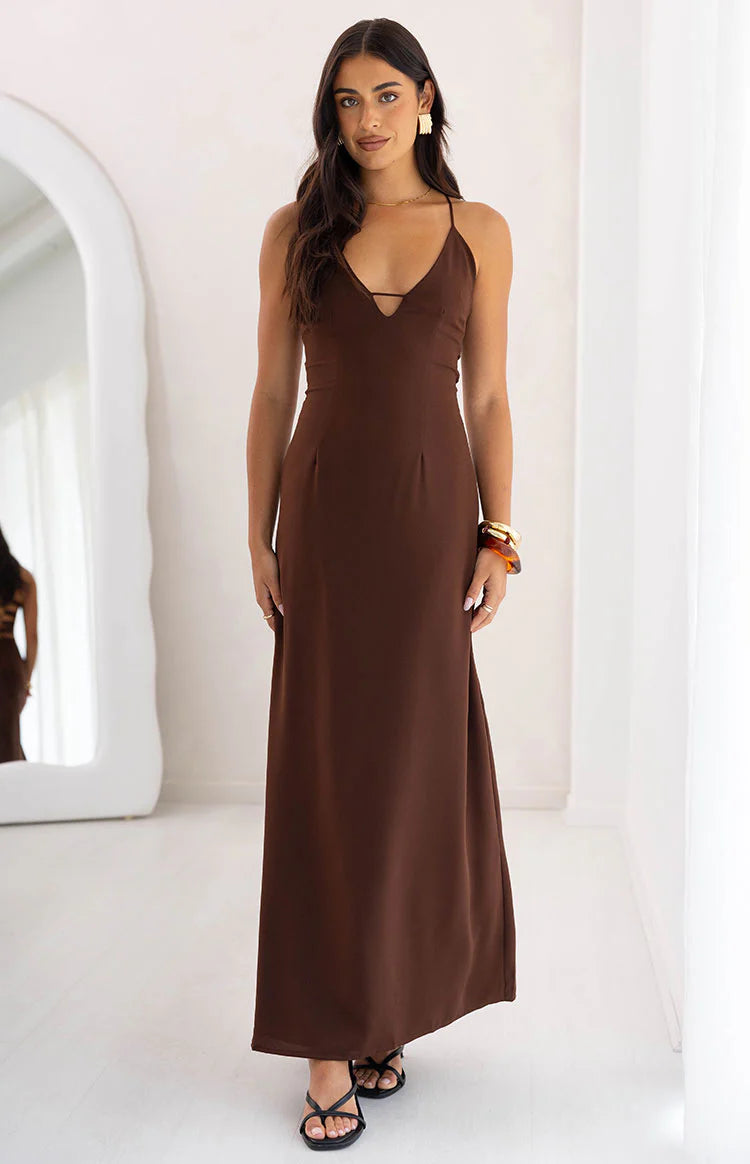 La Jolla Brown V Neck Maxi Dress
