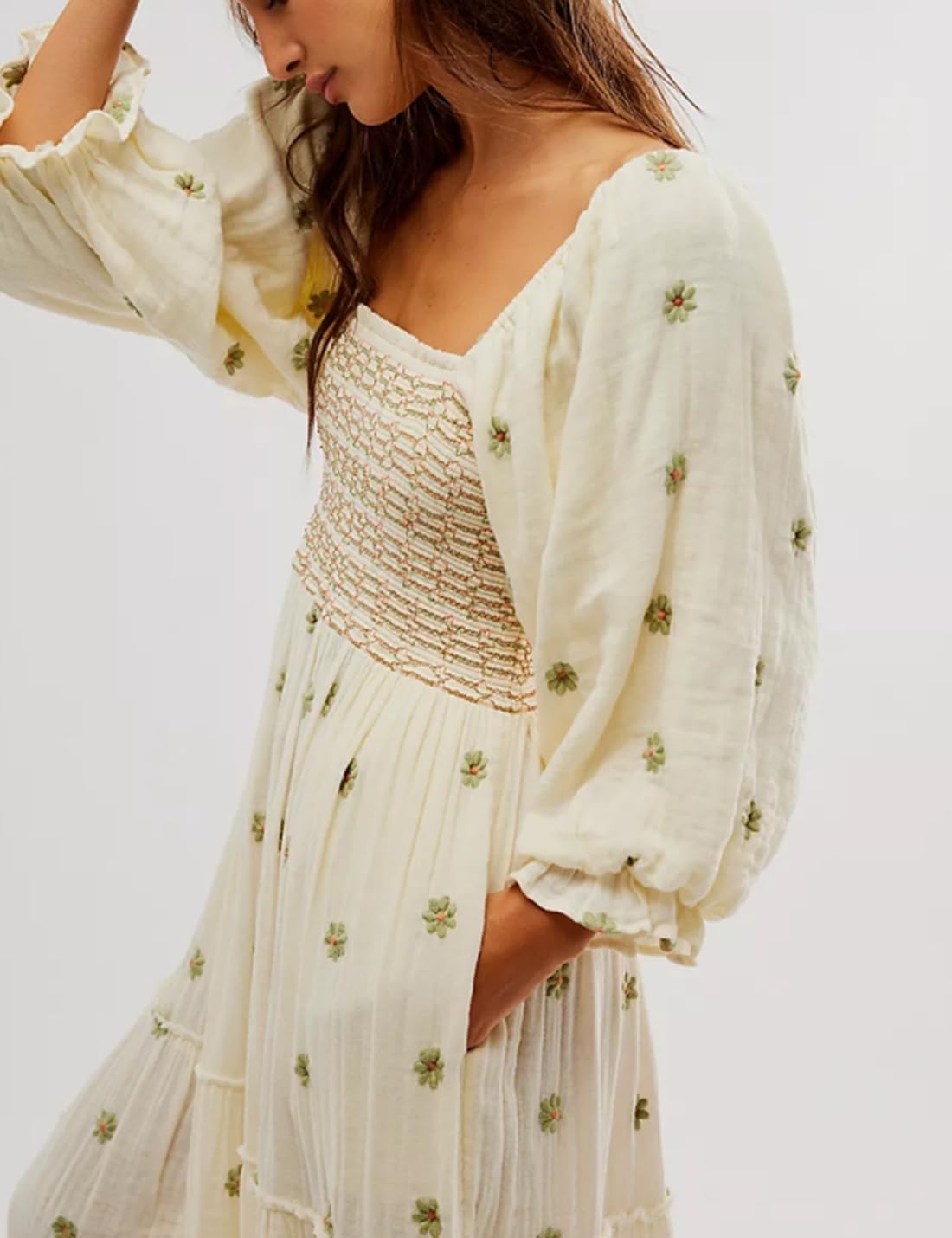 Women Floral Embroidered Maxi Dress Long Puff Sleeve Square Neck Bohemian Flowy Dress with Pockets Summer Fall