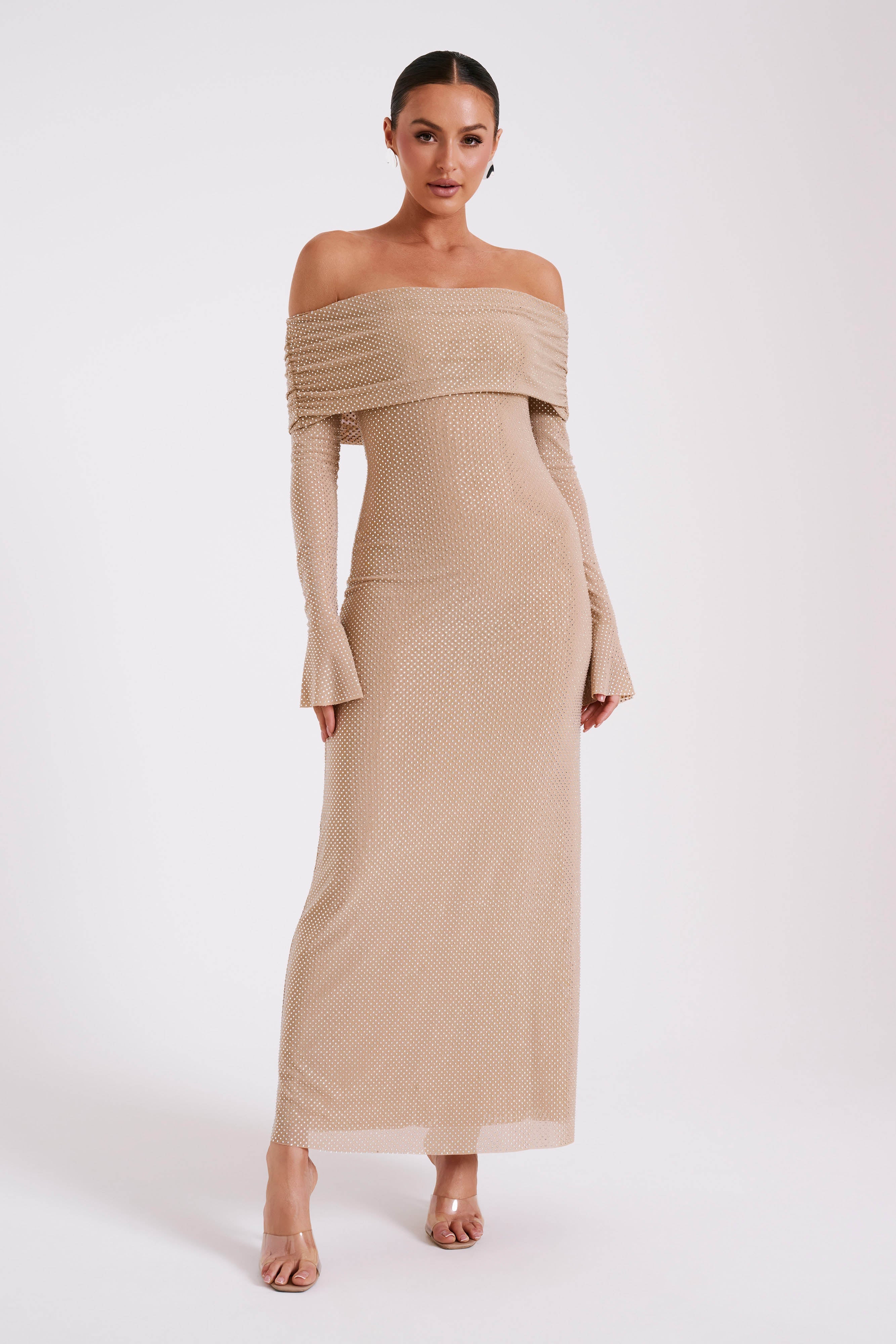 Marcel Off Shoulder Diamante Maxi Dress Nude