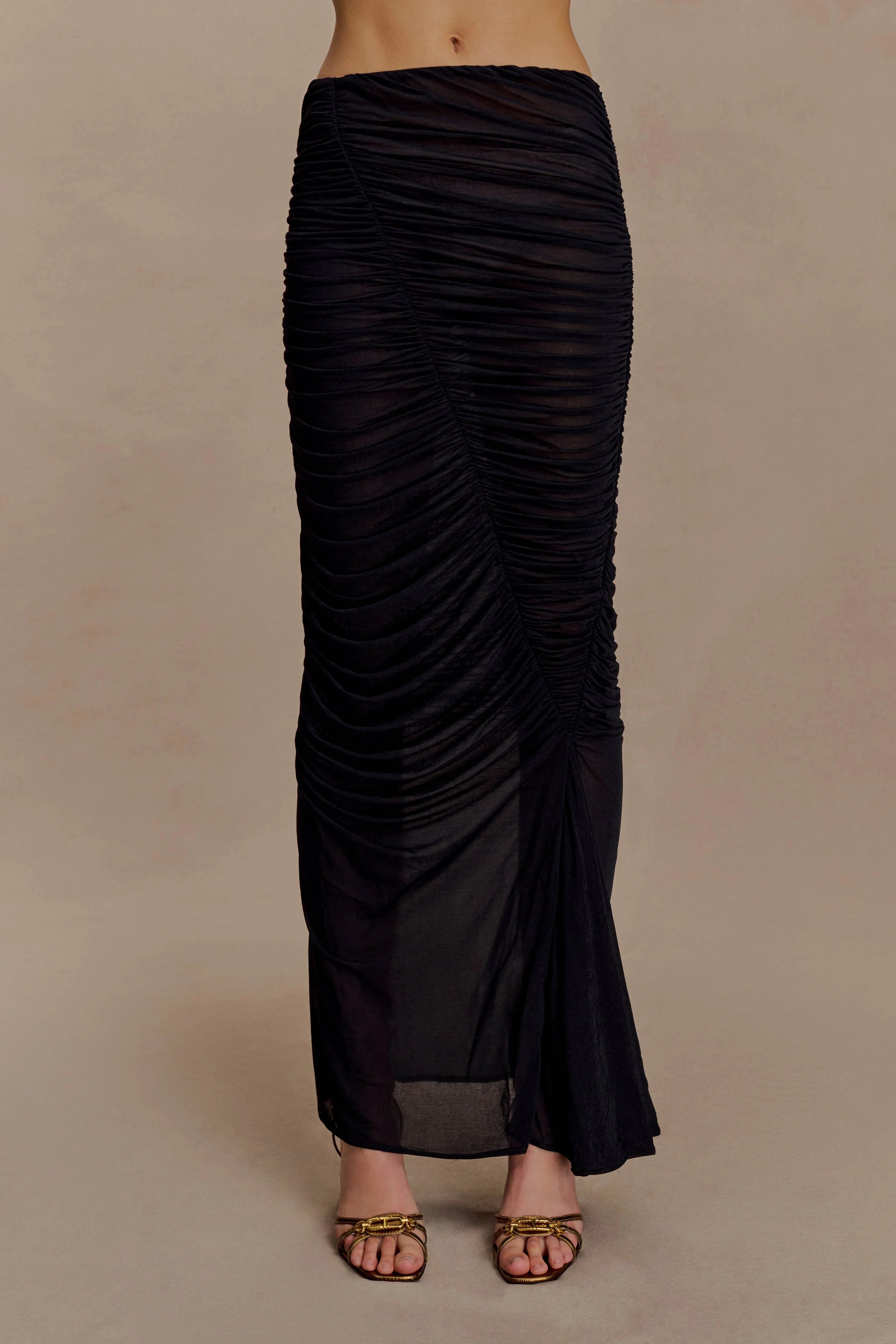 Matilda Ruched Mesh Maxi Skirt Black