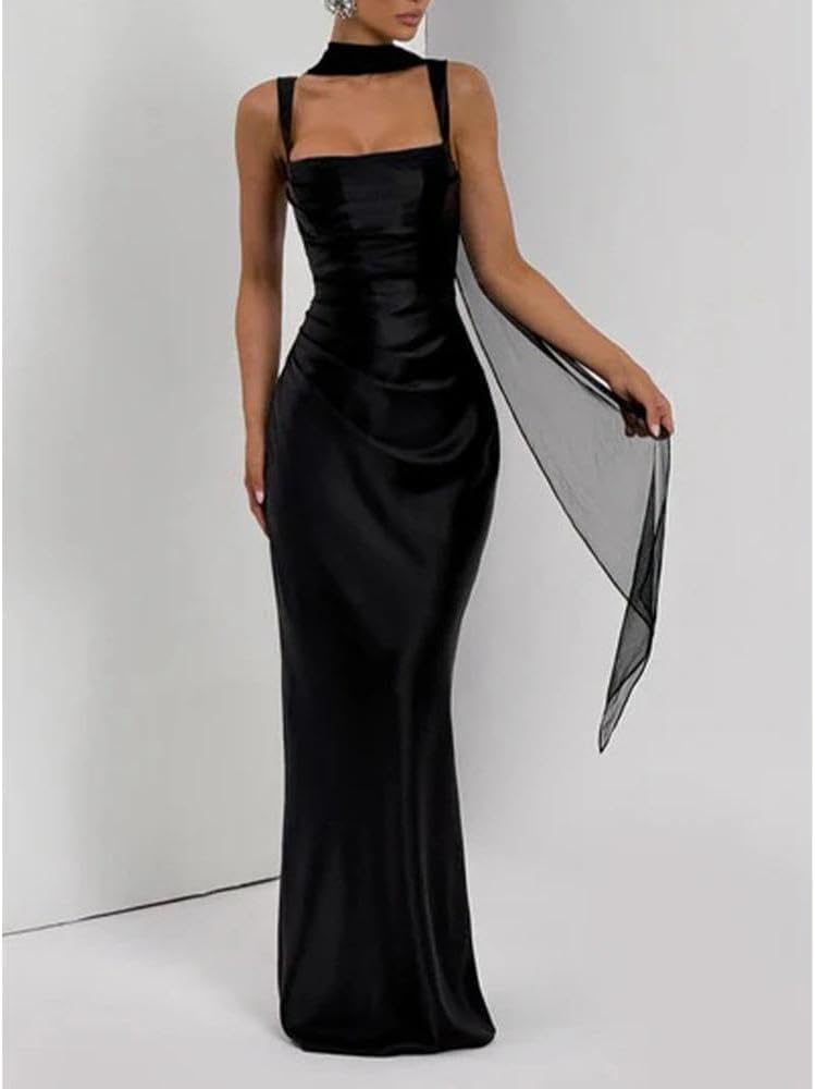 Women Wedding Guest Dress Satin Corset Top Elegant Maxi Dresses with Sheer Scarf Evening Gown