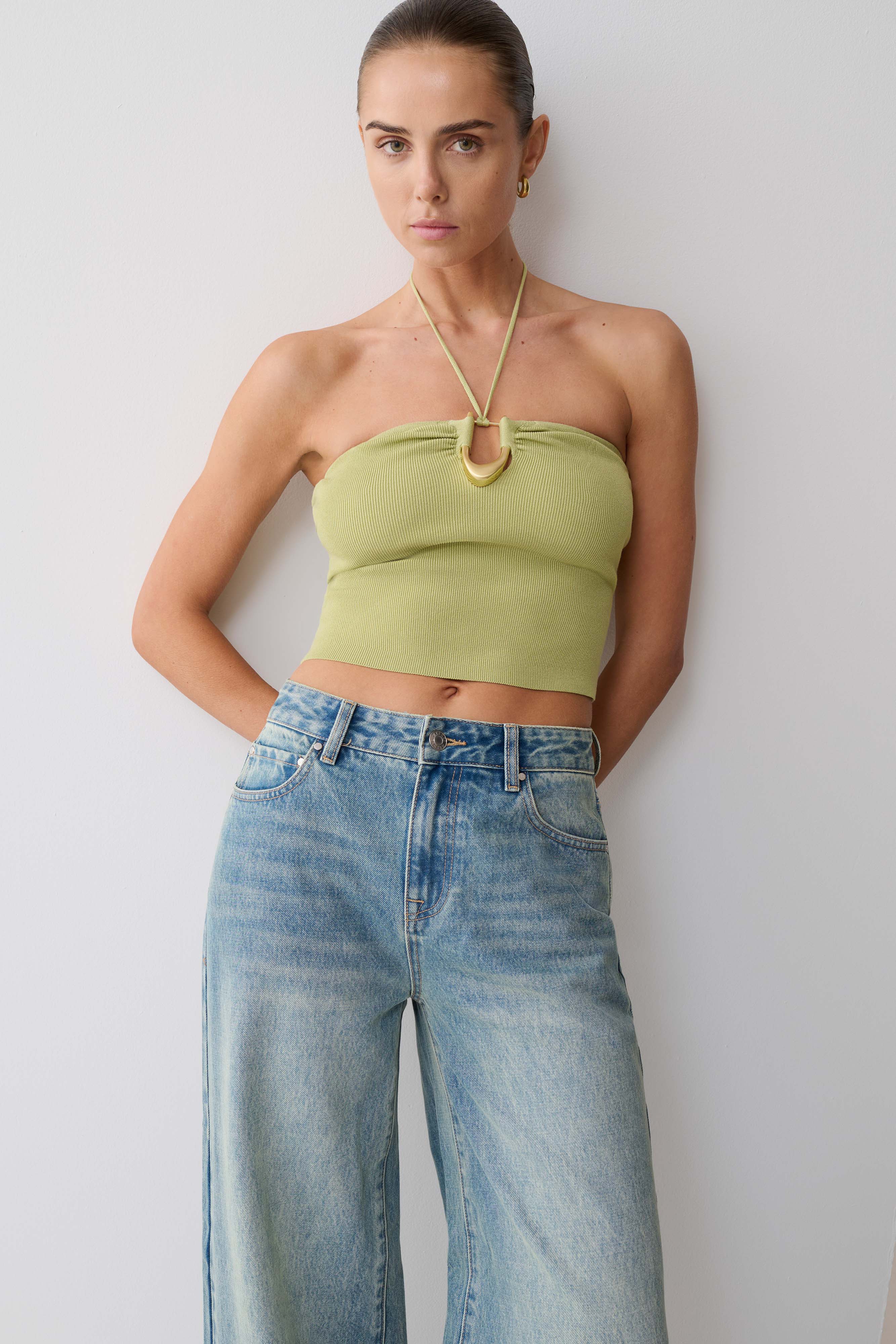 Dimitri Knit Halter Top With Hardware Light Olive