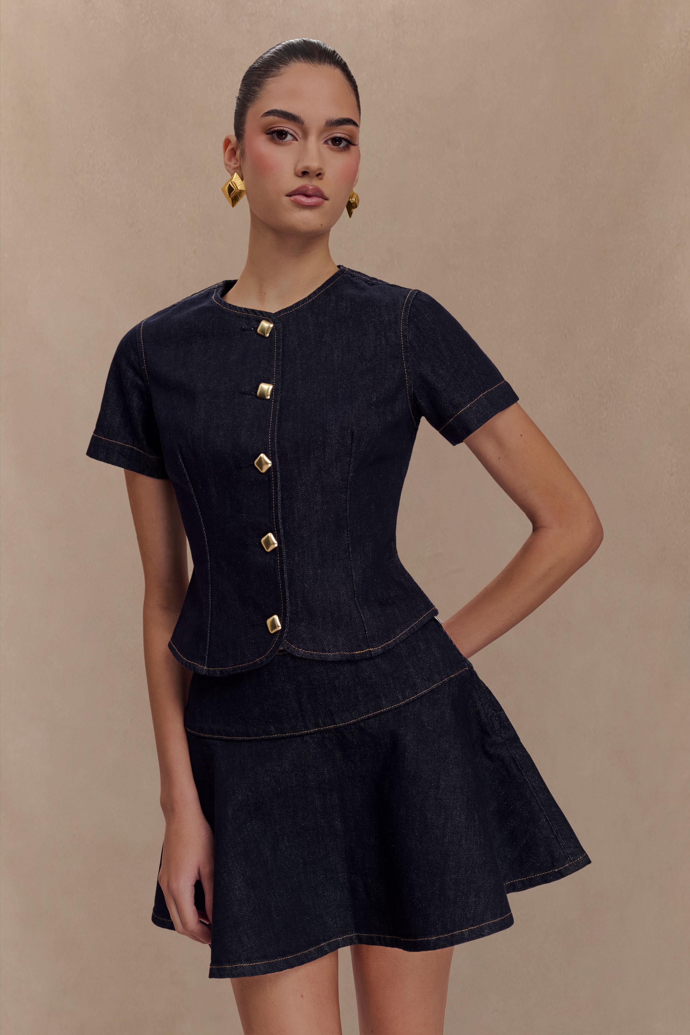 Bethany Short Sleeve Buttoned Denim Top Washed Indigo Blue