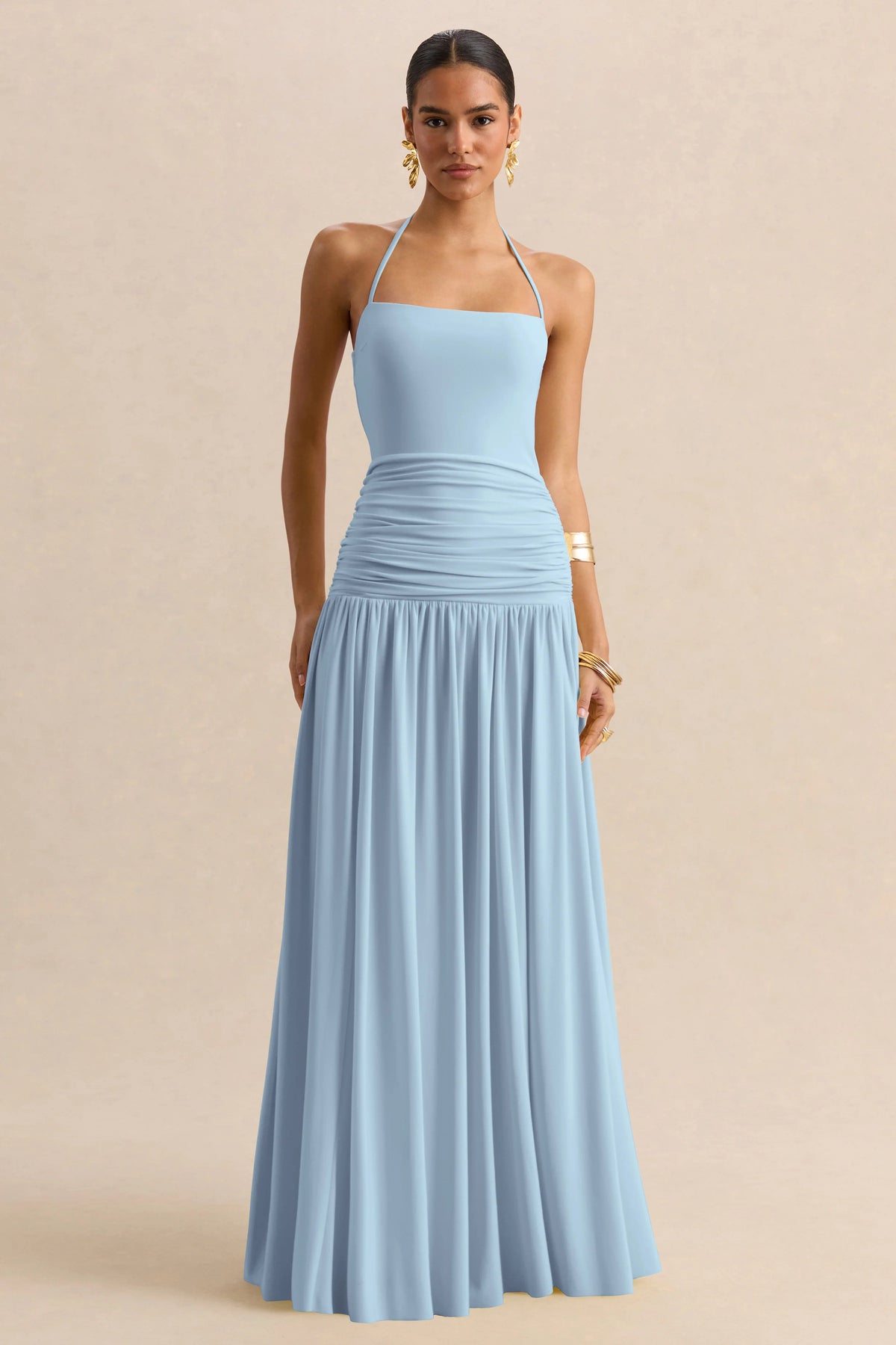 Nicolette Powder Blue Square Neck Maxi Dress With Ruched Detailing