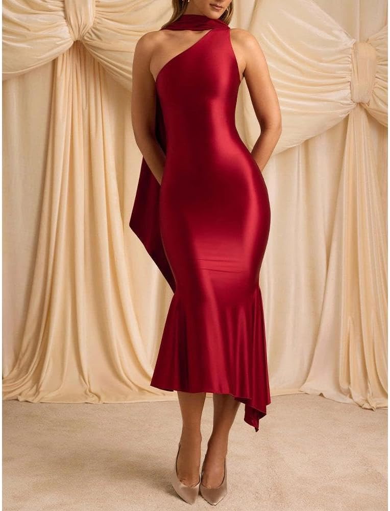Women Formal Satin Dress One Shoulder Asymmetrical Scarf Mermaid Hem Midi Dress Cocktail Prom Gown