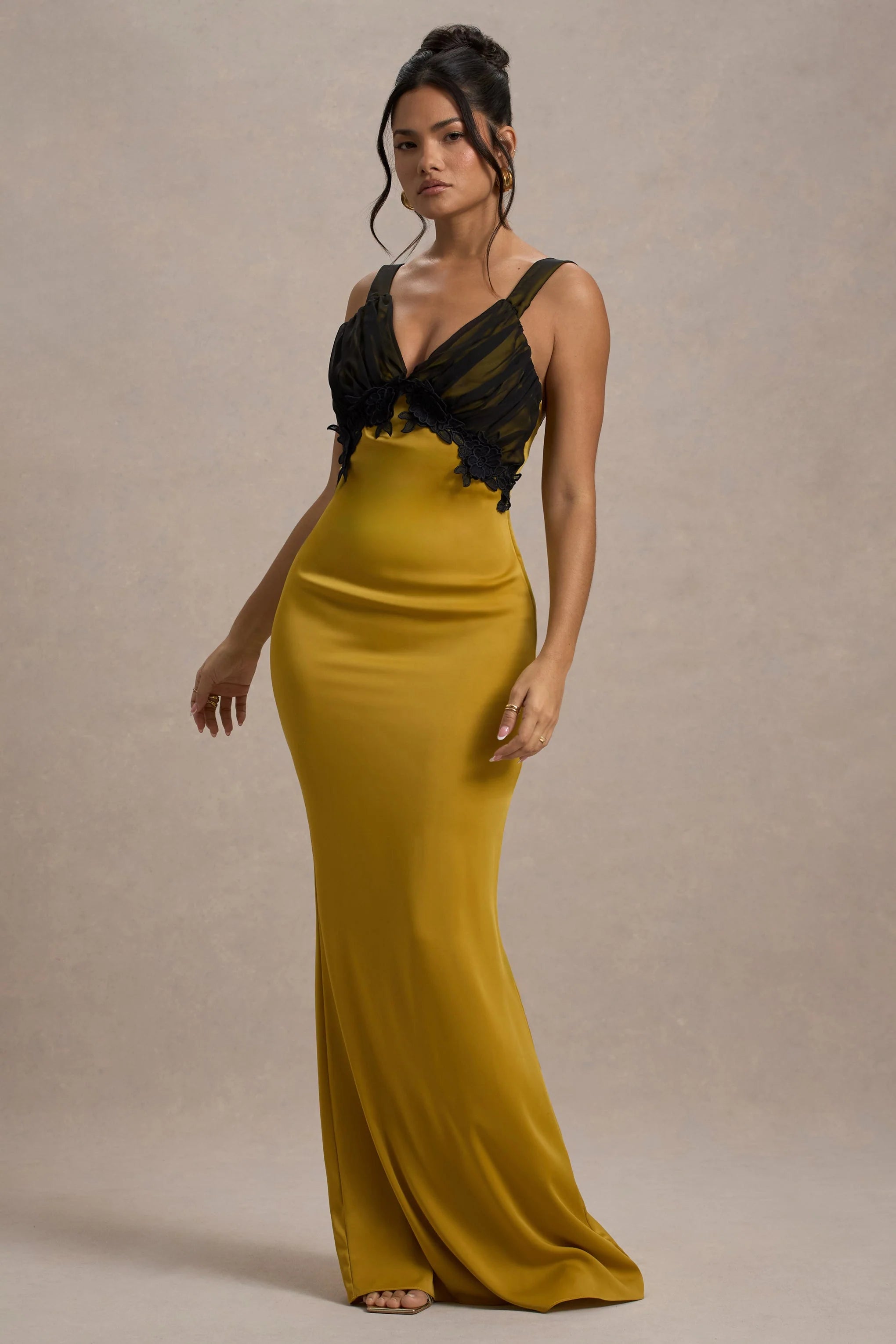 Sahara Mustard Satin V Neck Maxi Dress With Black Lace Trim