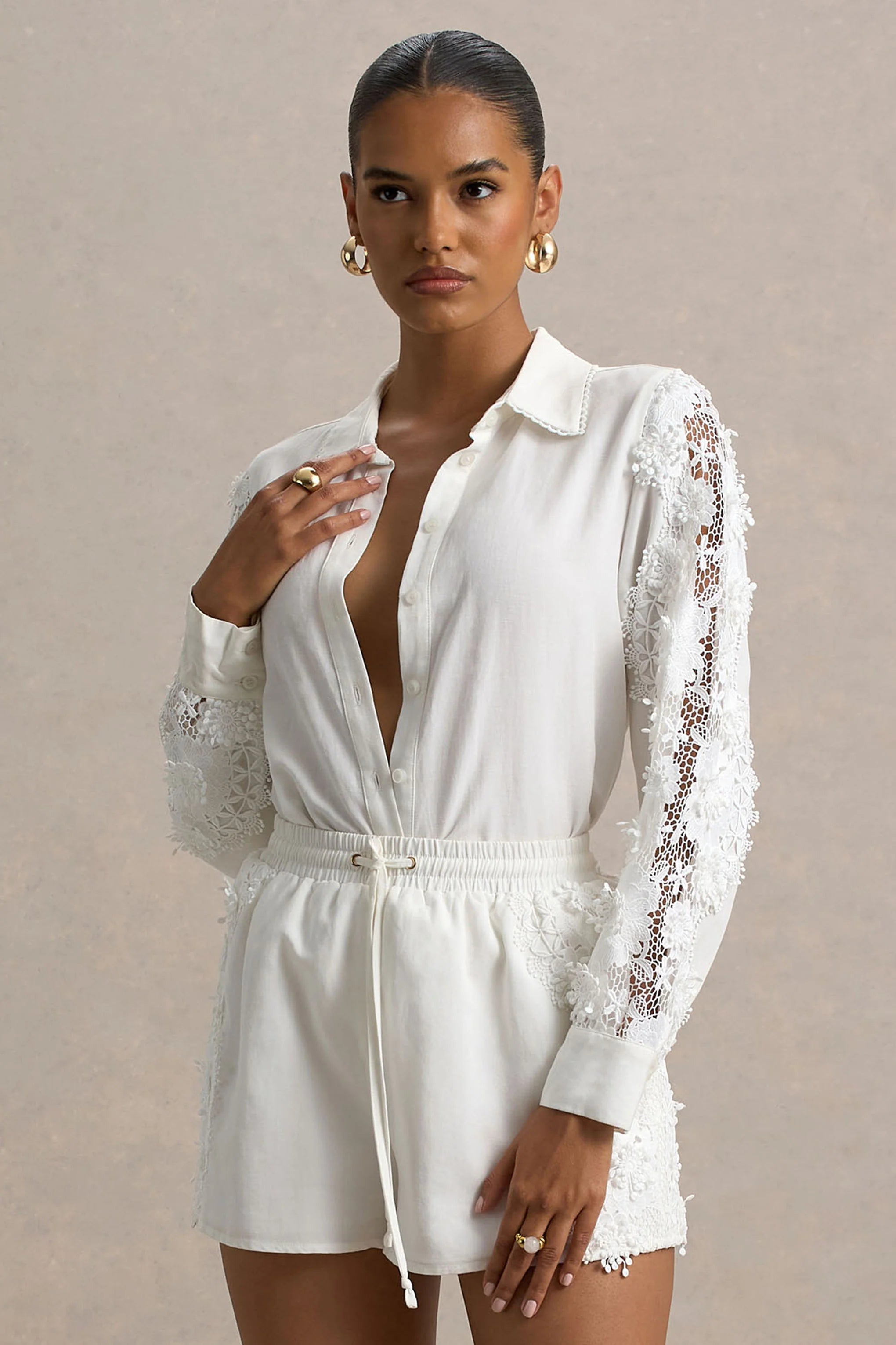 Coconut Ecru Button Up Shirt With Lace Detail