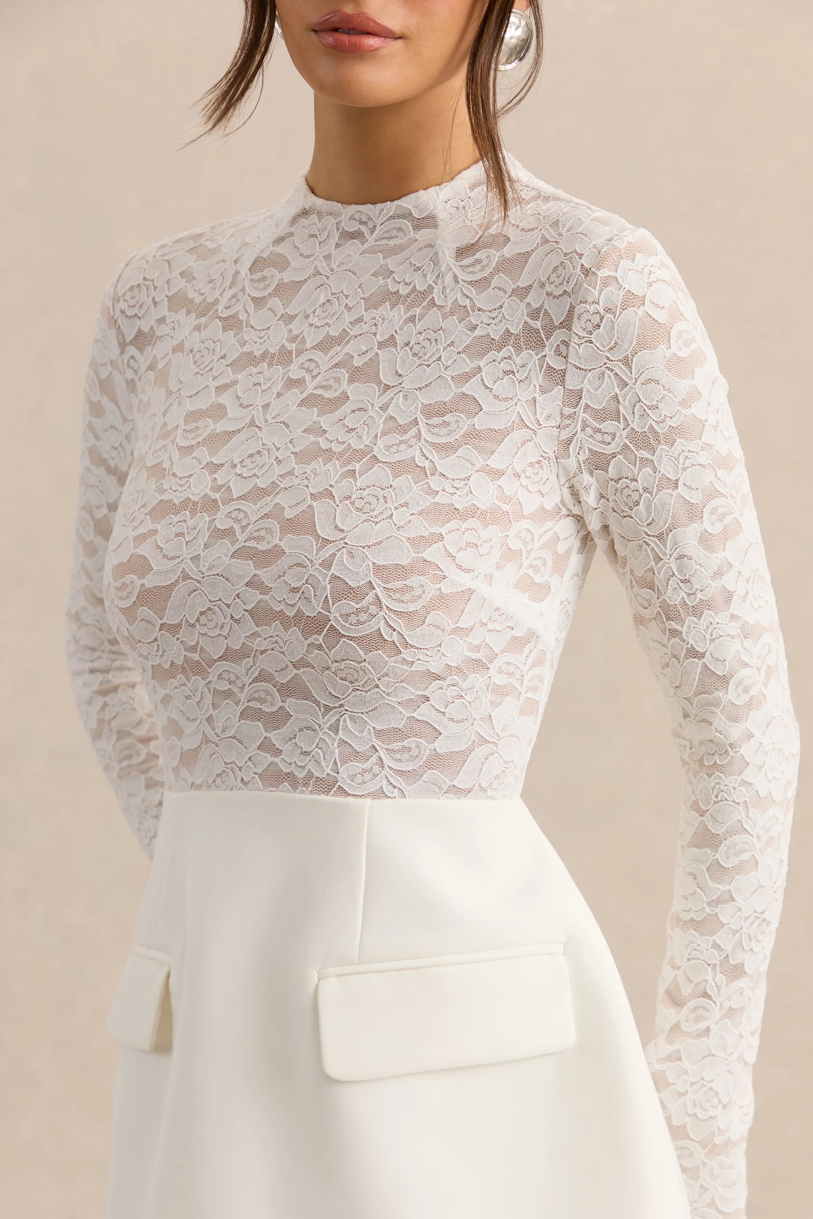 Mysteria White High Neck Lace Mini Dress With Pocket Details