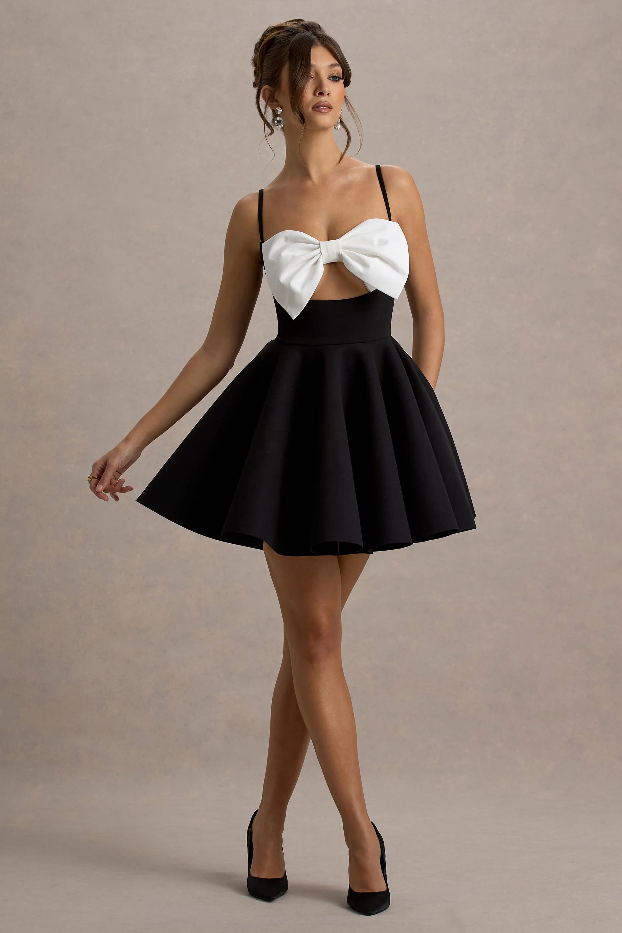 Yasmina Black White Bow Skater Mini Dress