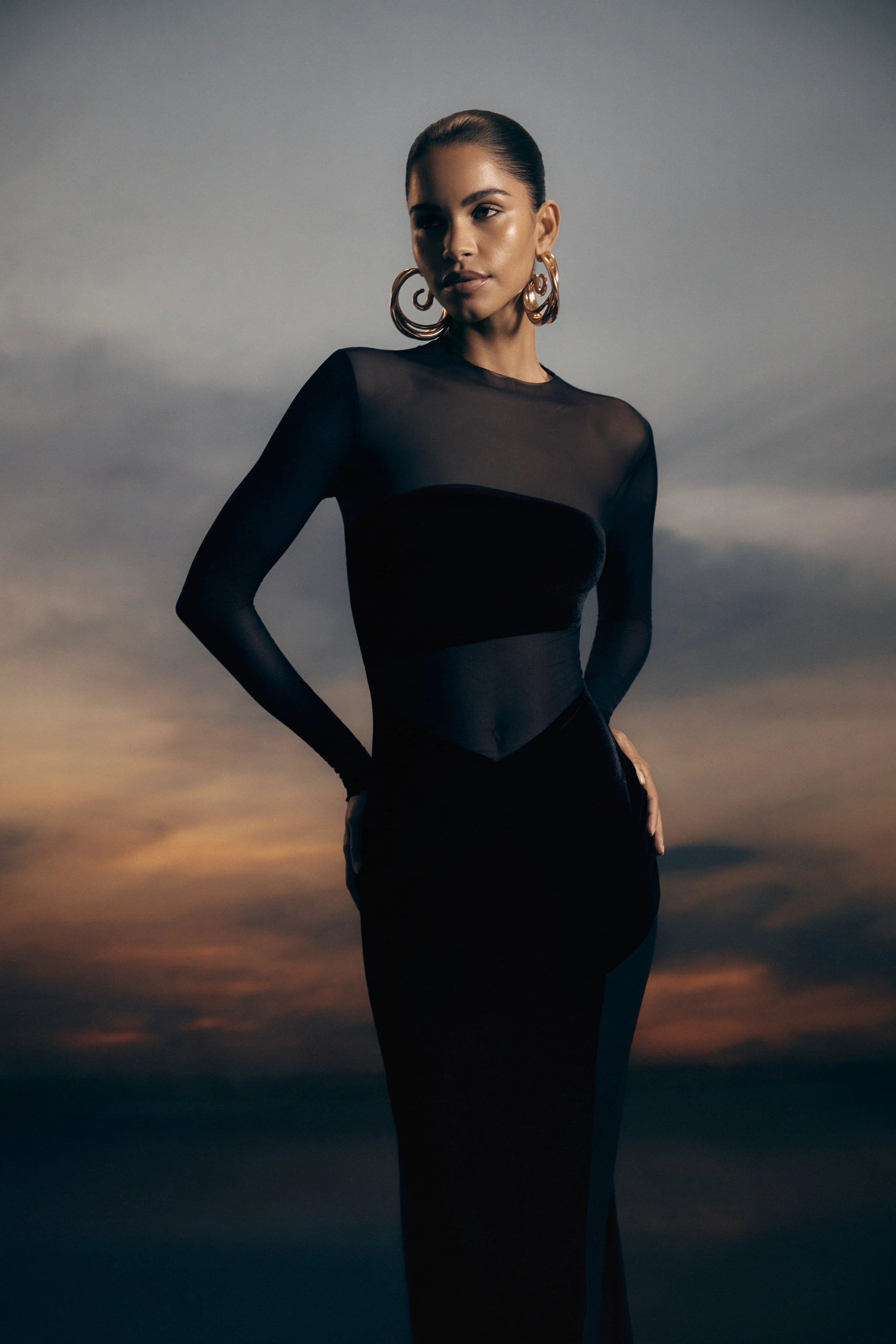 Davina Velvet And Mesh Maxi Dress Black