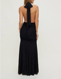 Women Polka Dot Mesh Maxi Dress Deep V Neck Halter Backless Dress Cocktail Wedding Guest