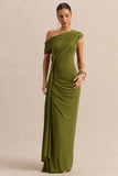 Avialee Green Asymmetric Neck Maxi Dress With Gathered Detailing And Sash