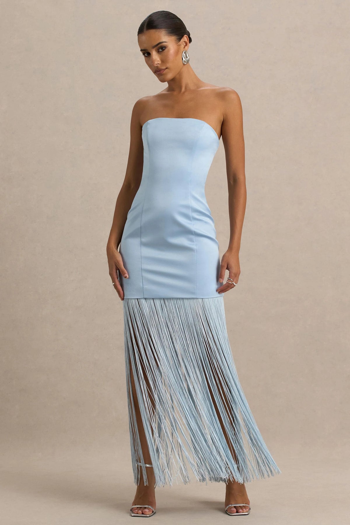 Trinity Powder Blue Satin Bandeau Maxi Dress With Fringe