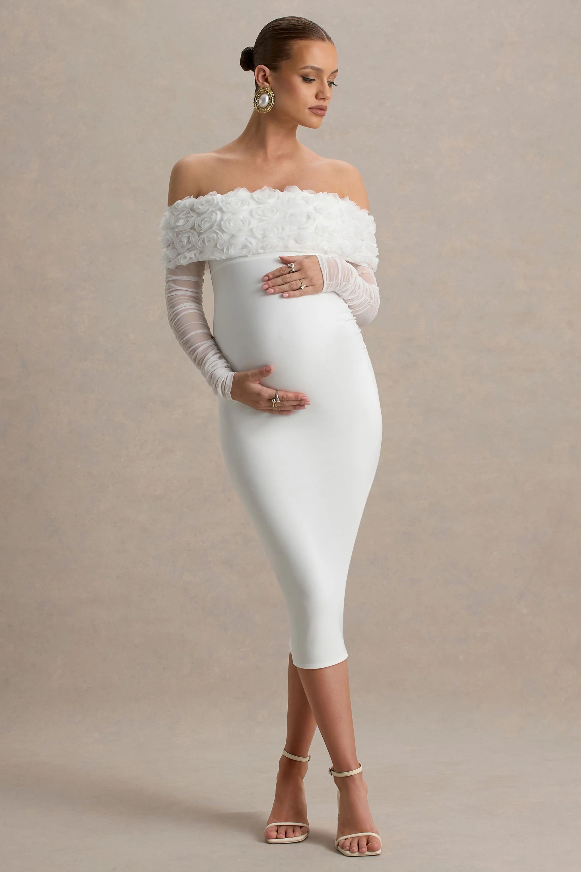 Adita White Mesh Floral Bardot Maternity Midi Dress