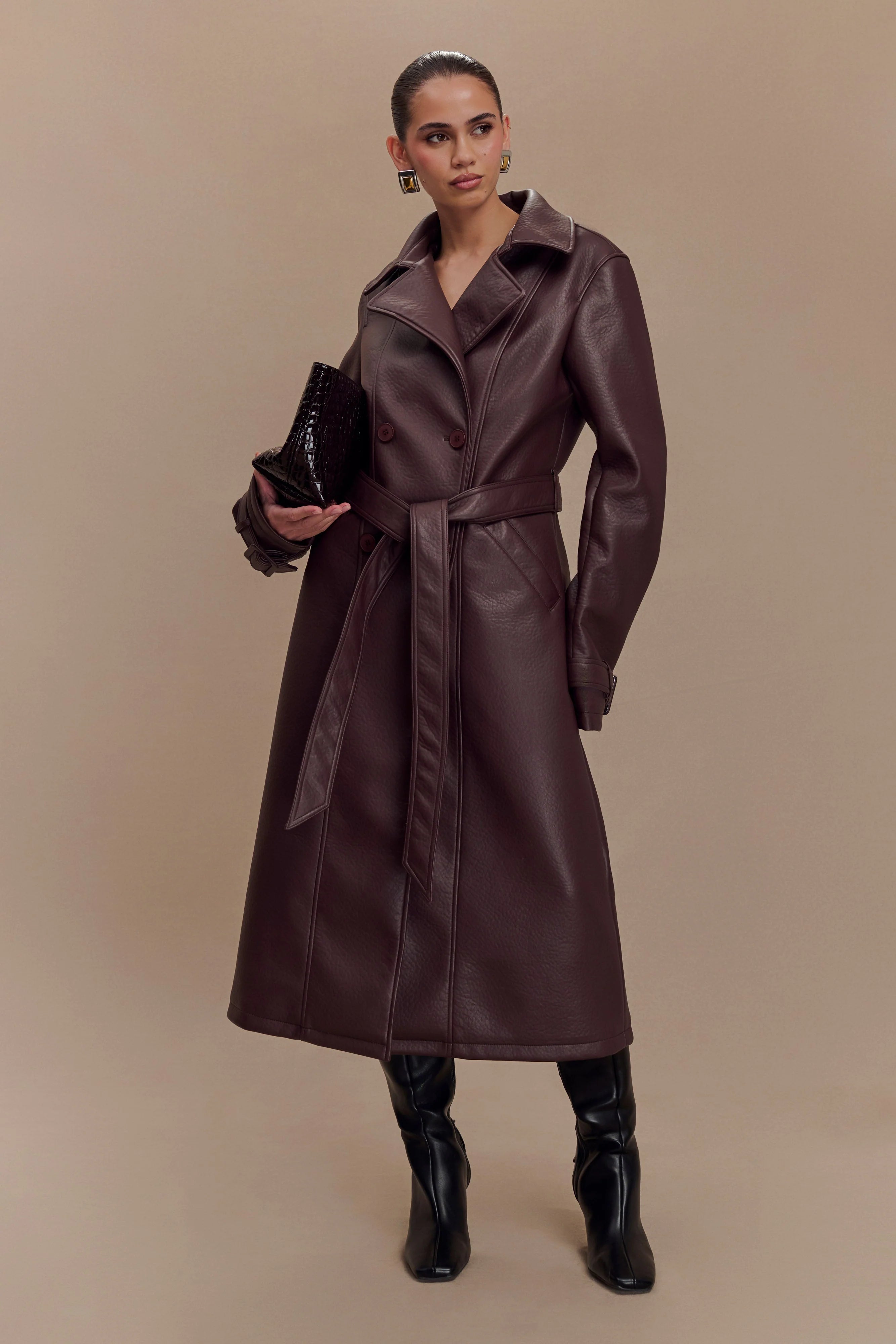 Tarah Faux Leather Trench Coat Cacao Brown