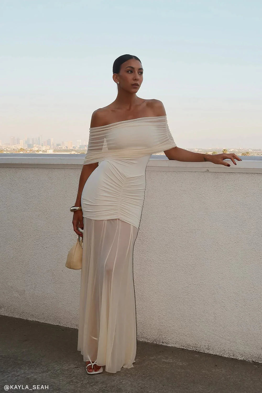 Caspian Slinky And Mesh Off Shoulder Maxi Dress Ivory