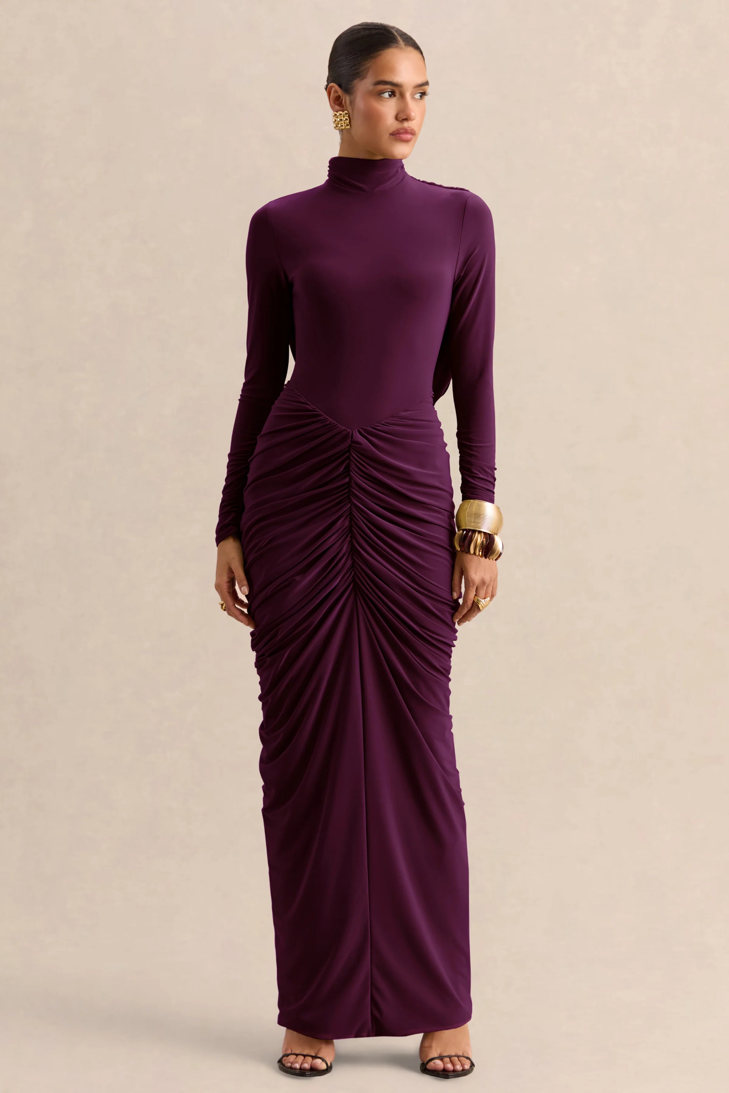 Harmona Dark Plum High Neck Maxi Dress With Gathered And Draped Detailing
