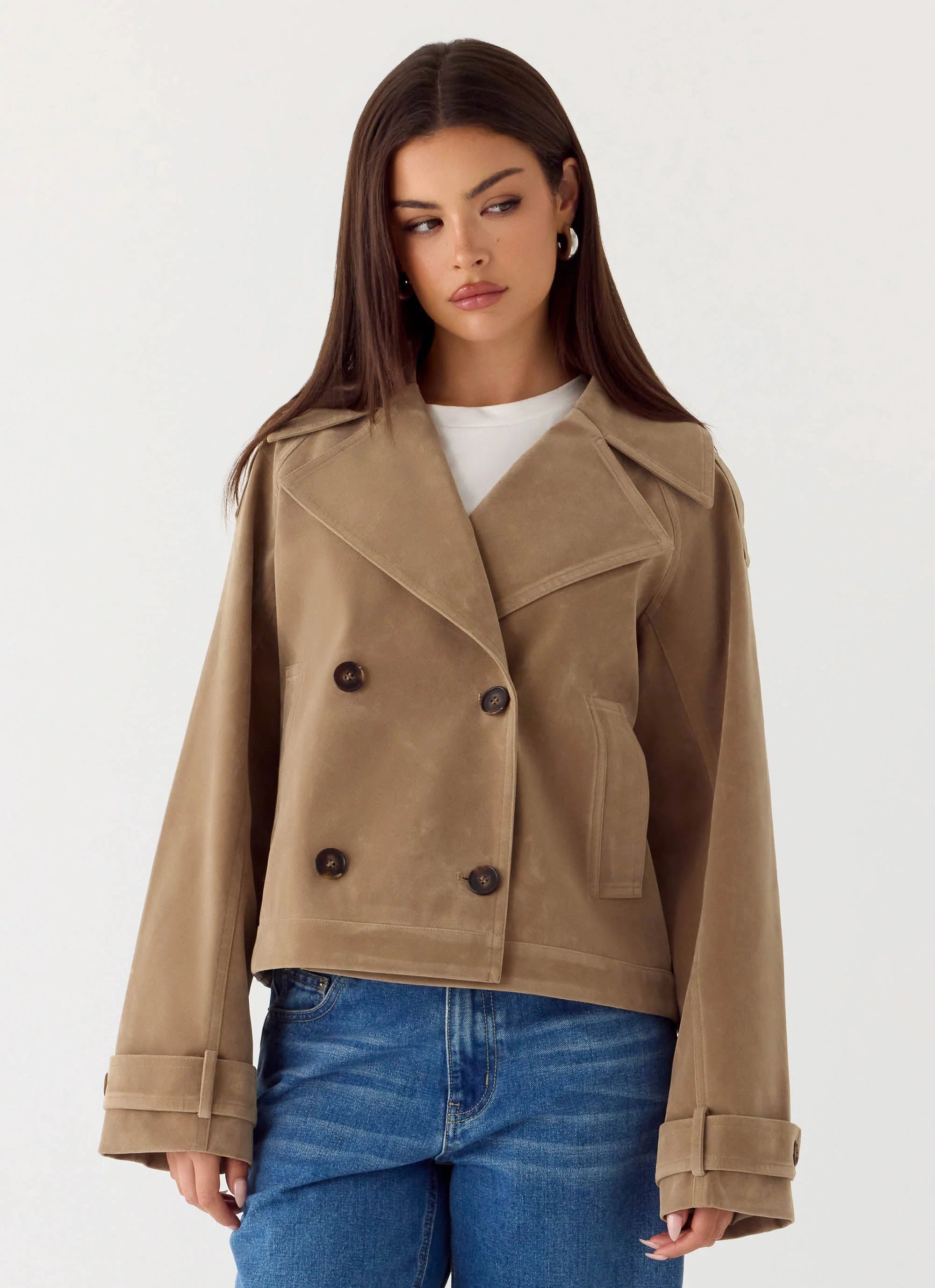 Evan Faux Suede Short Trench Jacket Tan