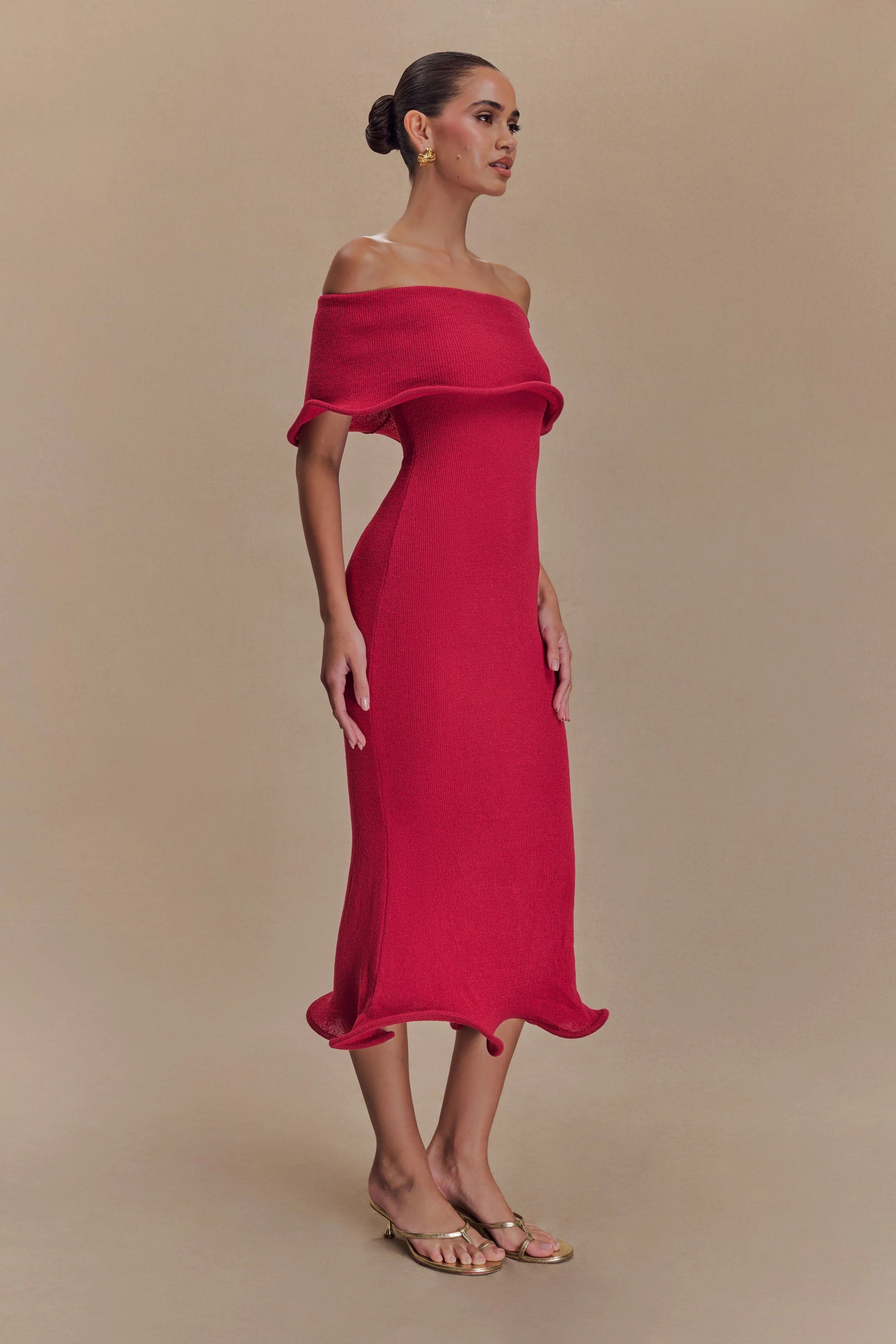 Molly Off Shoulder Knit Midi Dress Raspberry