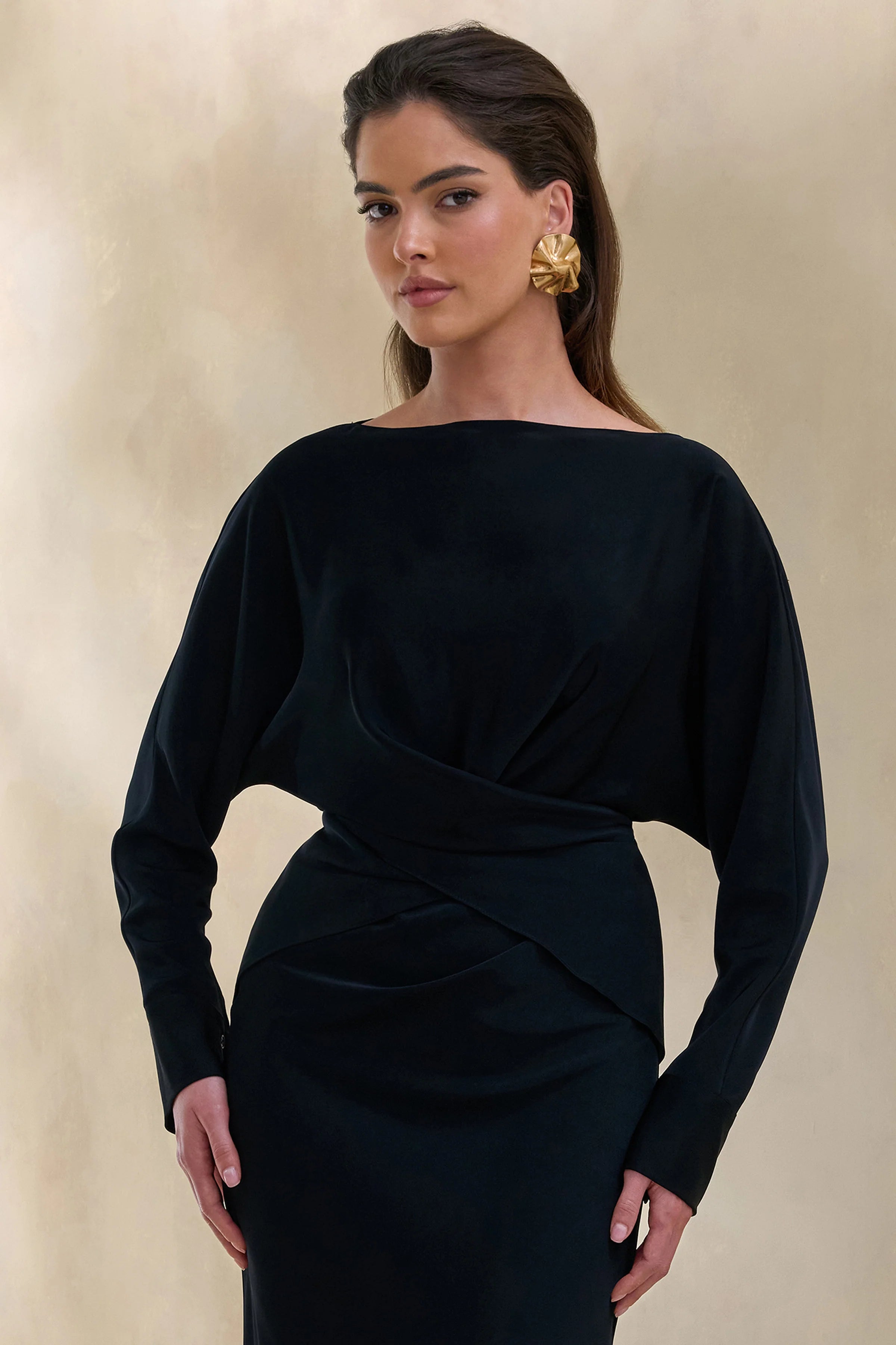 Miravia Black Satin Wide Neck Long Sleeve Top