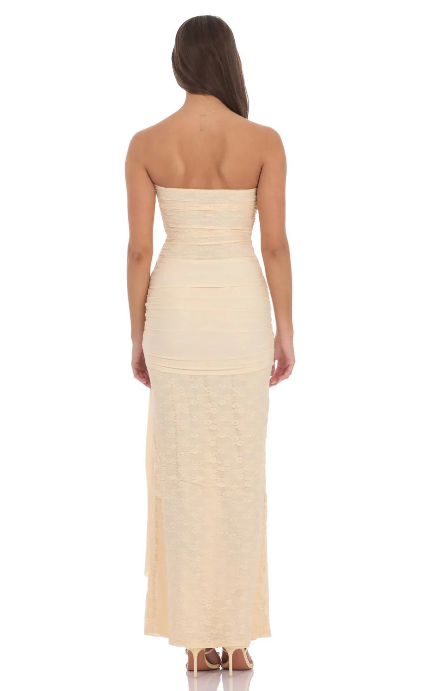 Strapless Lace Tassel Wrap Maxi Dress in Vanilla