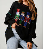 Christmas Sweatshirt for Women Funny Sequin Sweater Nutcracker Santa Xmas Graphic Oversized Pullover Tops