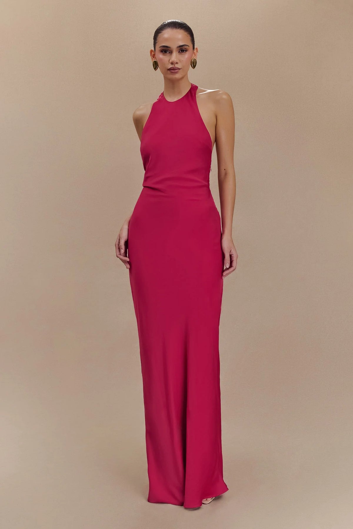 Rinna Satin Halter Maxi Dress Pink Cherry