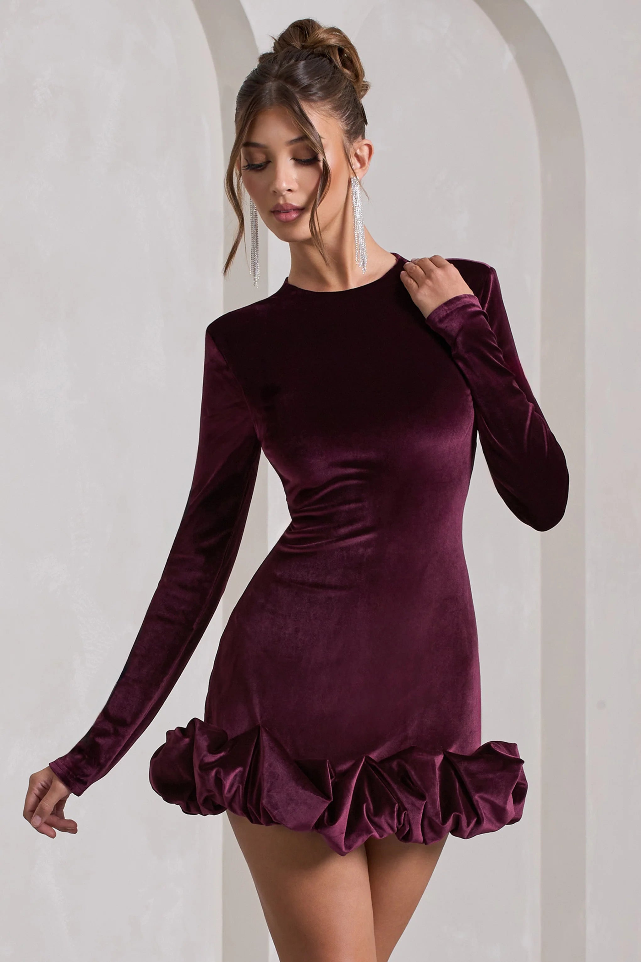 Claudine Port Velvet Long Sleeved Ruffled Mini Dress
