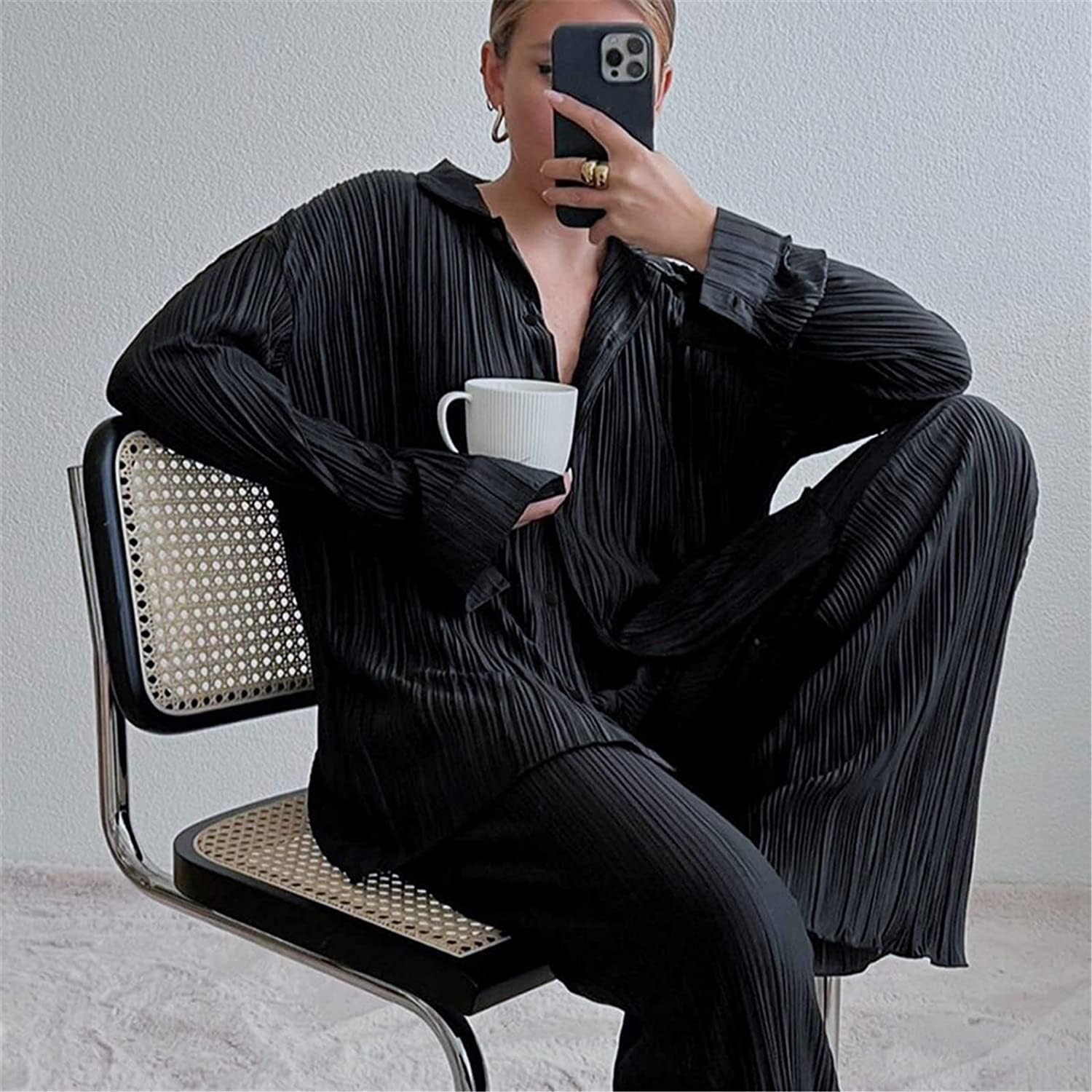 Pleated 2 Piece Outfits for Women Long Sleeve Oversized Button Down Shirt Wide Leg Pants Sets Casual Loungewear