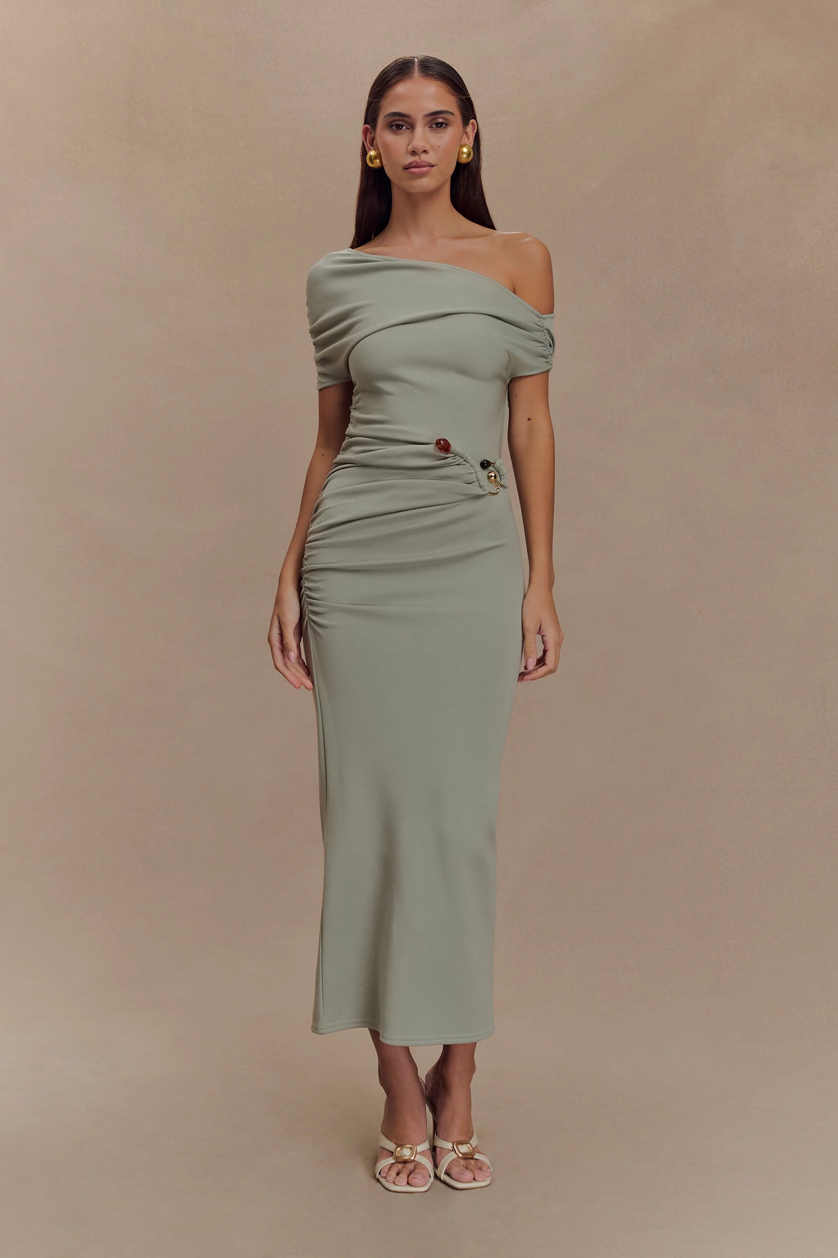 Kendra Scuba Jersey Midi Dress With Hardware Sage