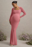 Abeam Blush Pink Maternity Maxi Dress With Sheer Sleeves