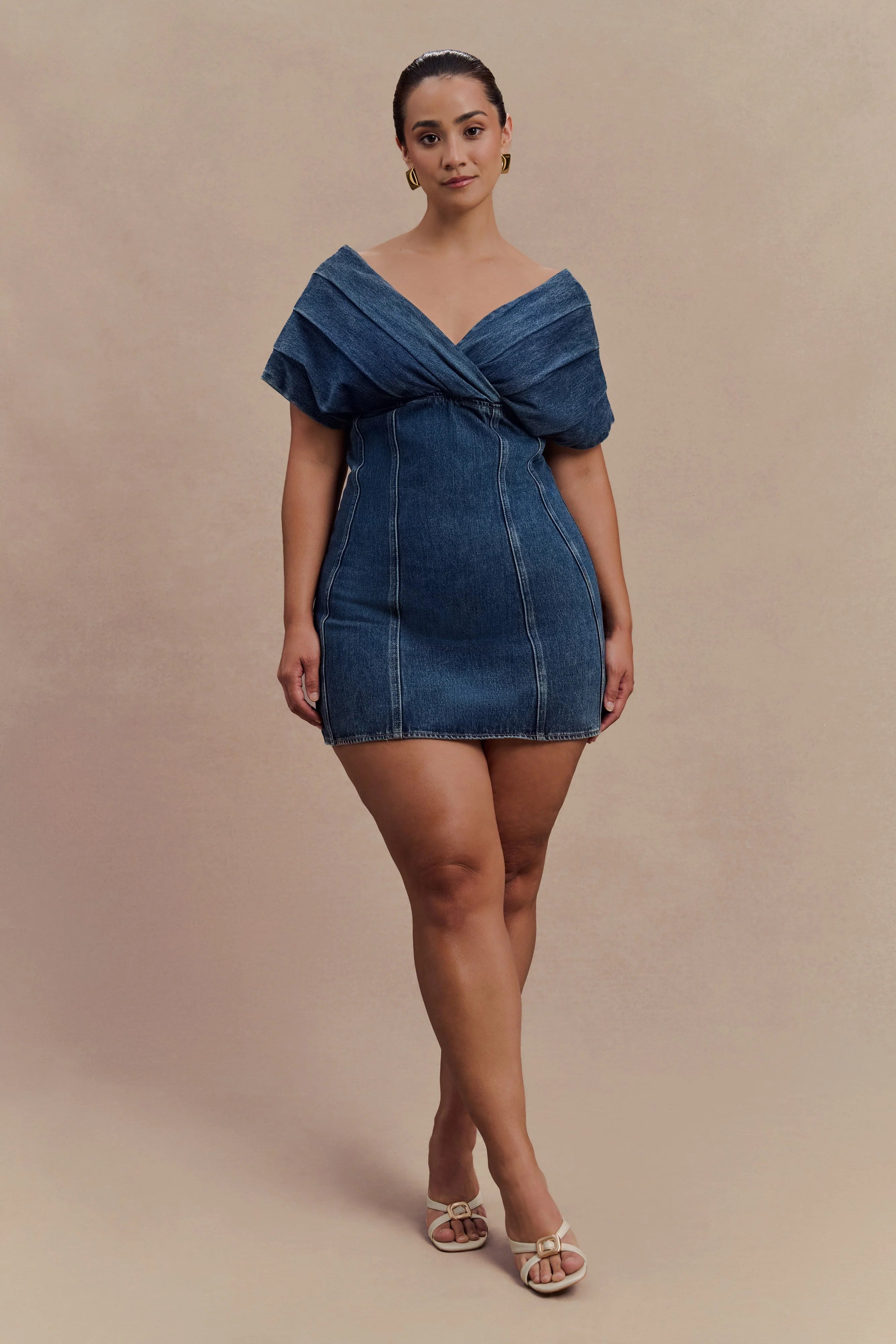 Pascale Off Shoulder Denim Mini Dress Washed Dark Blue