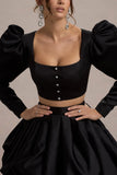 Eloisa Black Satin Puff Sleeve Cropped Jacket