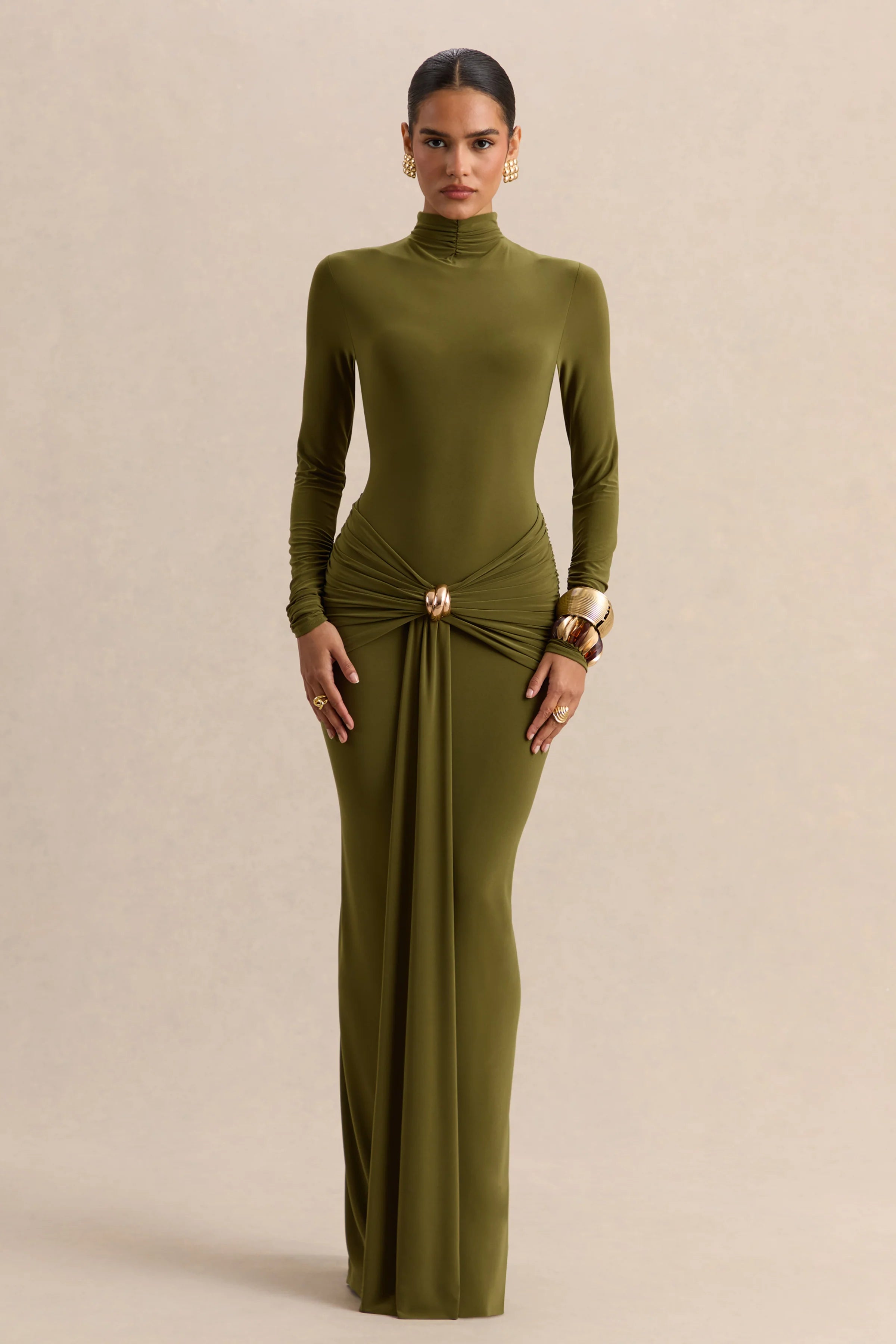 Ambrette Olive High Neck Maxi Dress With Gathered Detailing