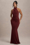 Arietta Port High Neck Ruched Fishtail Maxi Dress