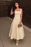 Parida Cream Poplin Drop Waist Midi Dress With Peplum Hem