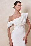 Farvera White Lace Draped Asymmetric Neck Midi Dress