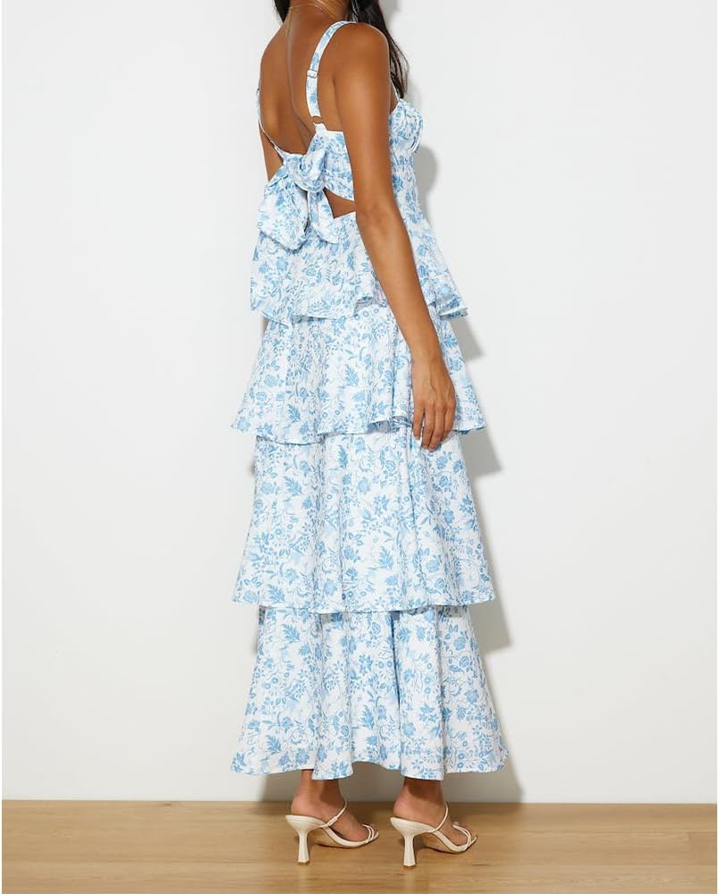 Women Floral Maxi Dress Sleeveless Bow Back Tiered Boho Flowy Long Dresses Summer Fall