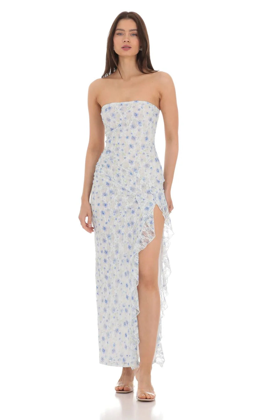 Strapless Floral Lace Ruffle Slit Dress in Pastel Blue