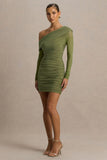 Gina Olive Asymmetric Neck Ruched Mini Dress