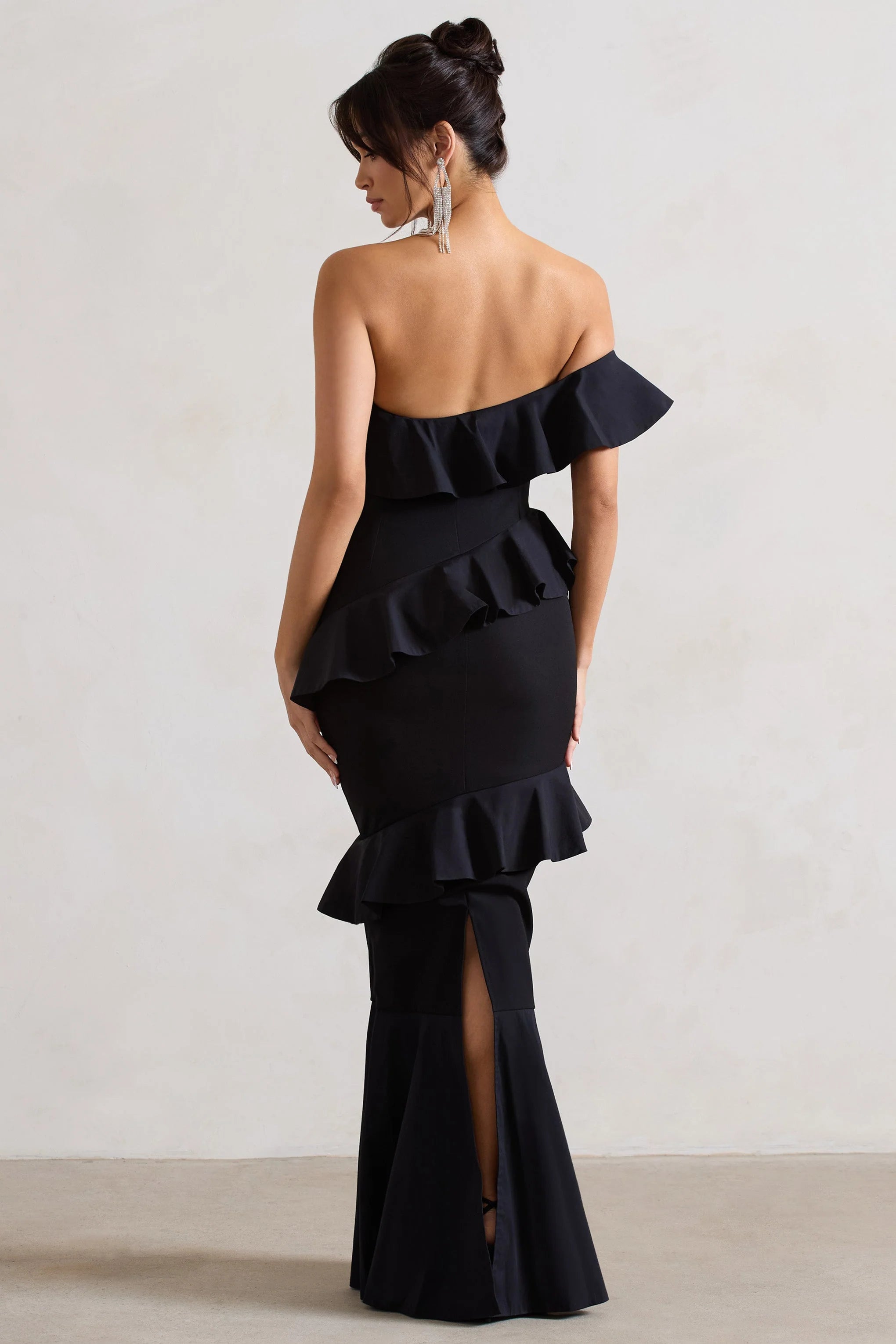 Cinematic Black Bardot Ruffled Fishtail Maxi Dress